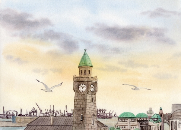 Poster DIN-A4 Aquarell Maritim Kunst Druck Kunstdruck Landungsbrücken Hamburg - HH6